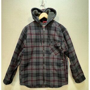 Wolverine Men's Bucksaw Hooded Sherpa Shirt Jacket Size L Gray Red Plaid Zip Up